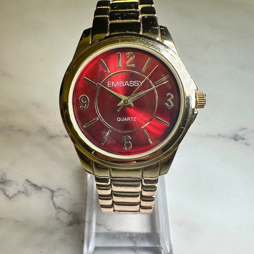 3/$30 Embassy Watch Gold Tone Women Red Dial Round 33MM New Battery 7.25 Inch